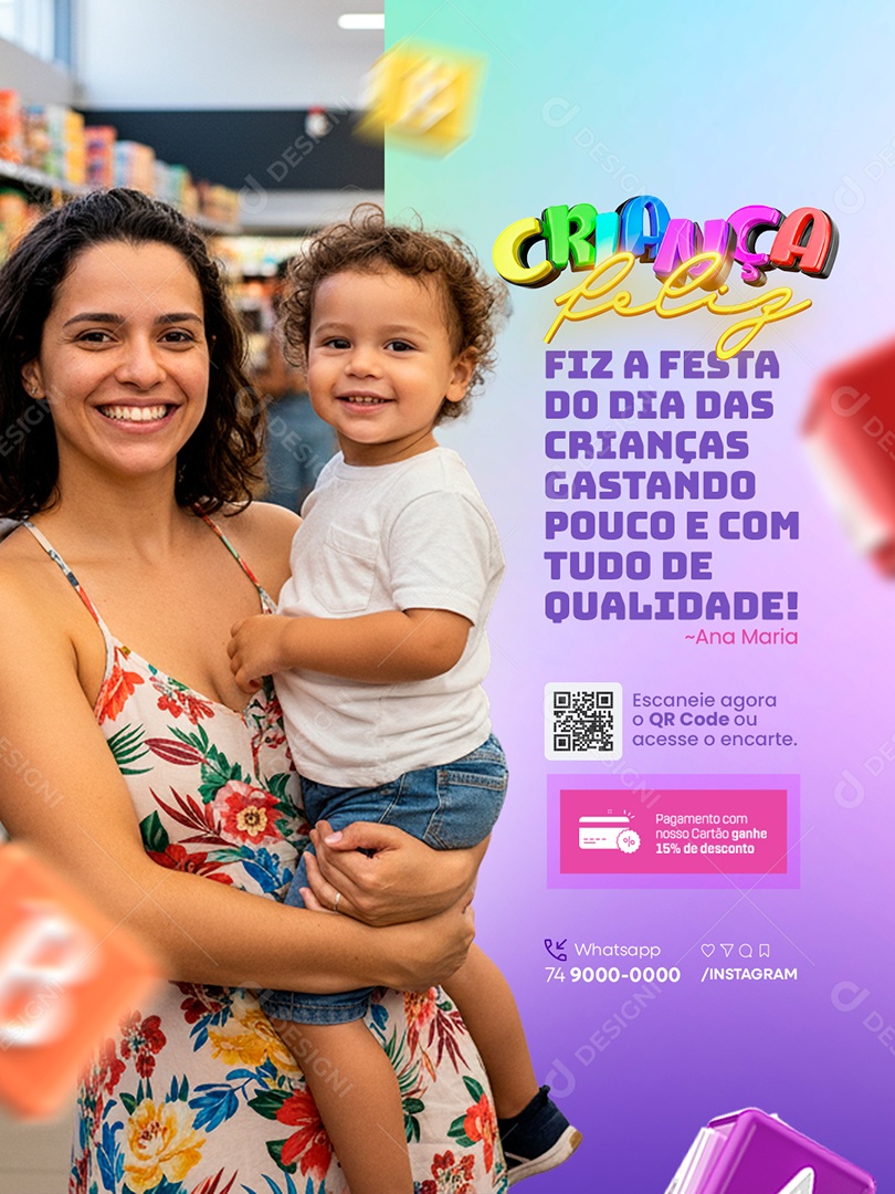 Criança Feliz Supermercado Gastando Pouco e Com Tudo de Qualidade Social Media PSD Editável