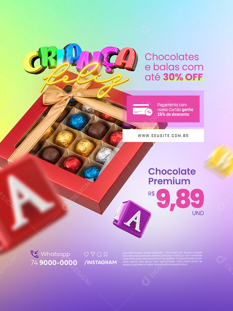 Criança Feliz Supermercado Chocolates e Balas com Até 30% Off Social Media PSD Editável