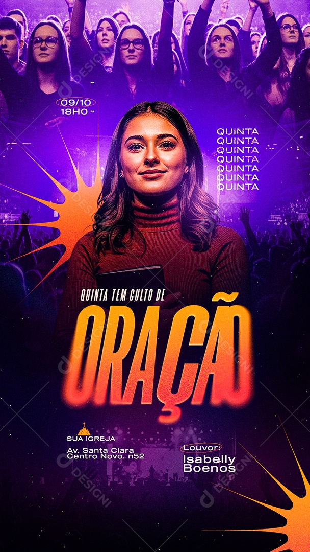 Story Flyer Gospel Quinta Tem Culto de Oração Louvor Isabelly Boenos Social Media PSD Editável