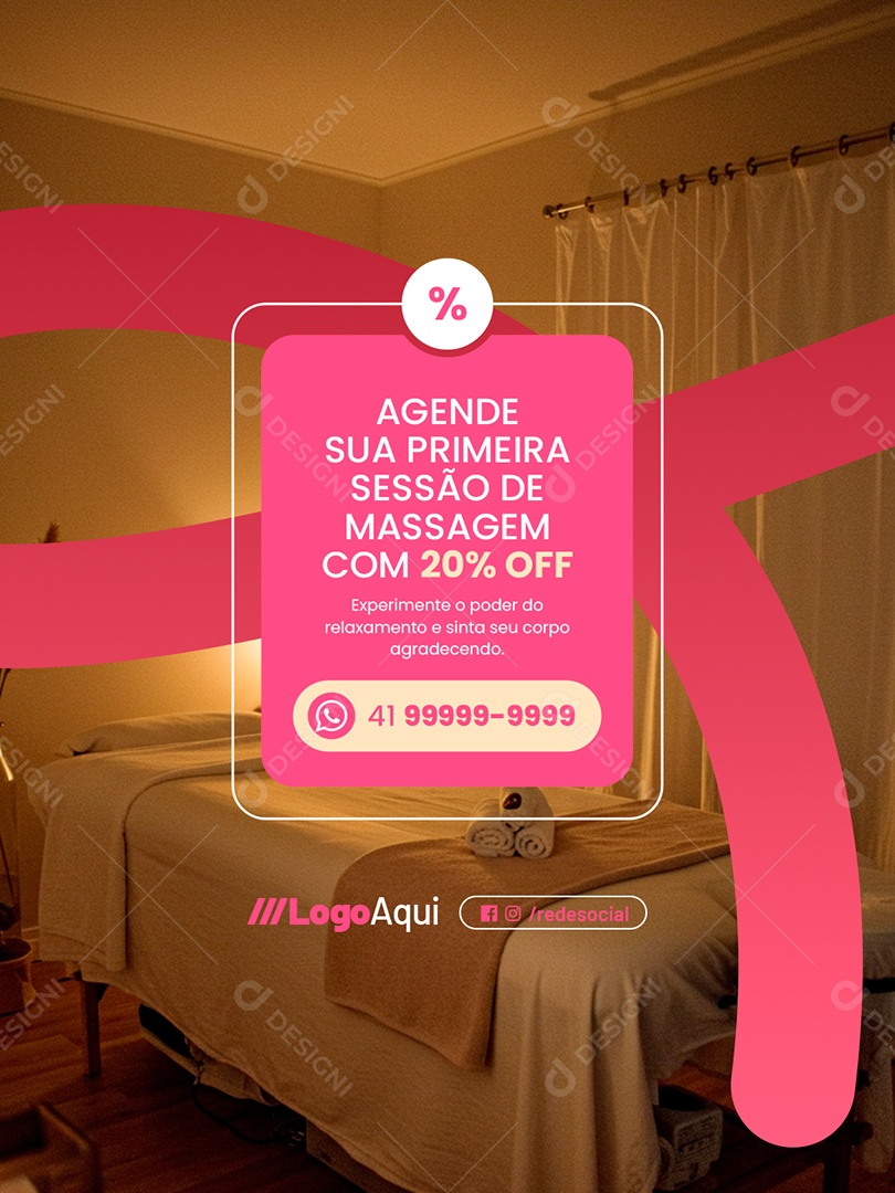 Massagista Agende sua Primeira Sessão de Massagem com 20% Off Social Media PSD Editável