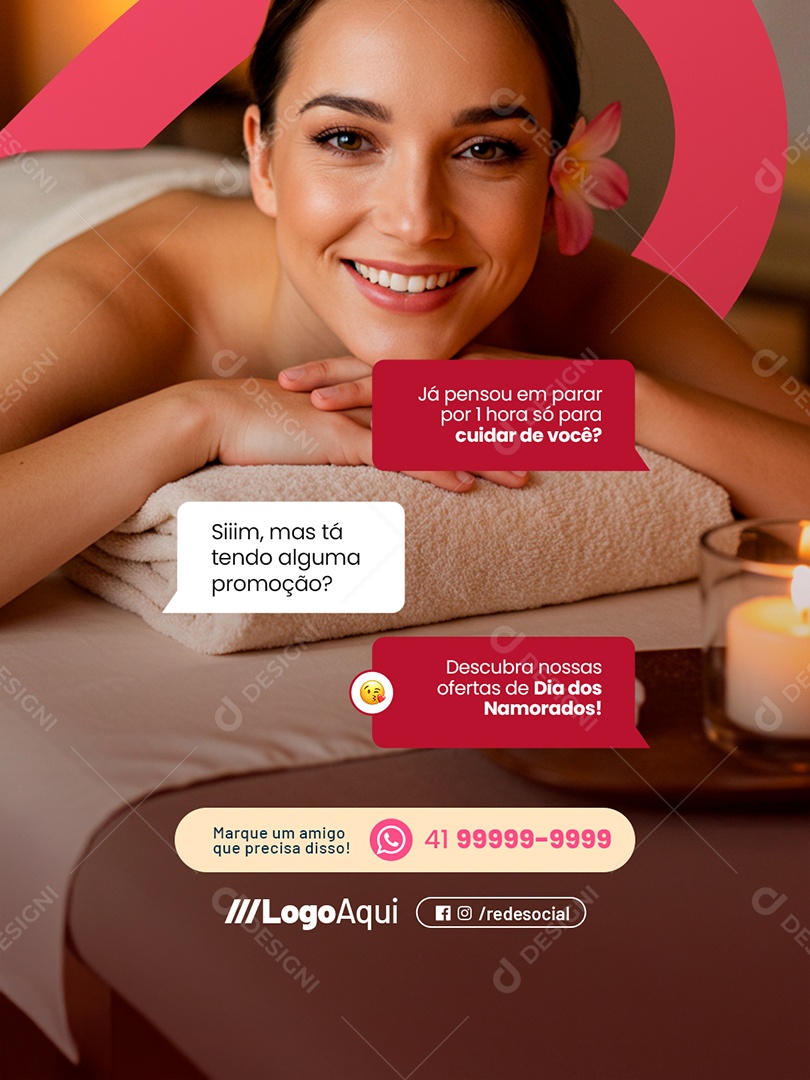 Massagem Descubra Nossas Ofertas do Dia dos Namorados Social Media PSD Editável