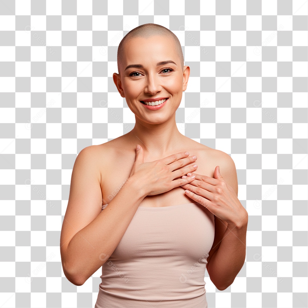 Mulher com Mão no Peito Outubro Rosa PNG Transparente