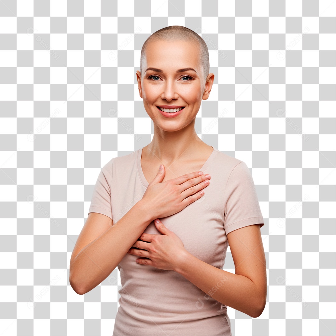 Mulher com Mão no Peito Outubro Rosa PNG Transparente