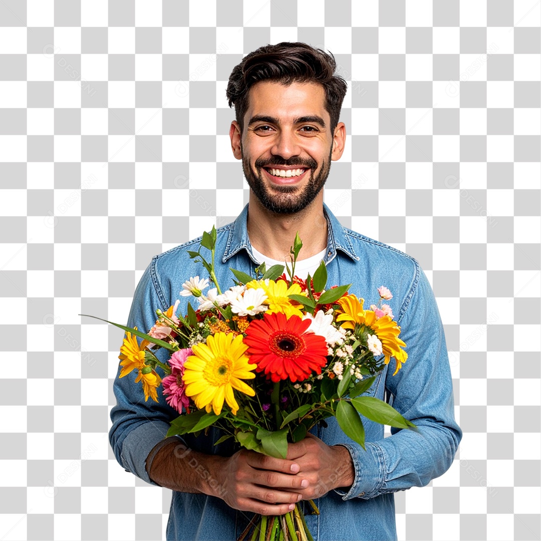 Homem com Buquê de Flores PNG Transparente