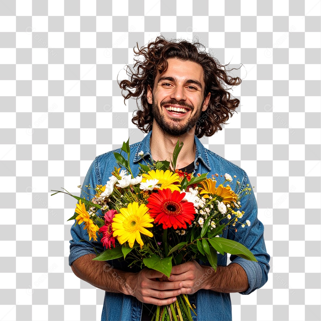 Homem com Buquê de Flores PNG Transparente