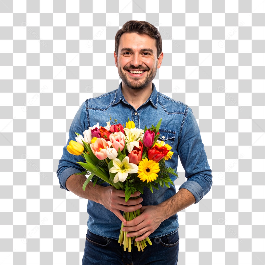 Homem com Buquê de Flores PNG Transparente