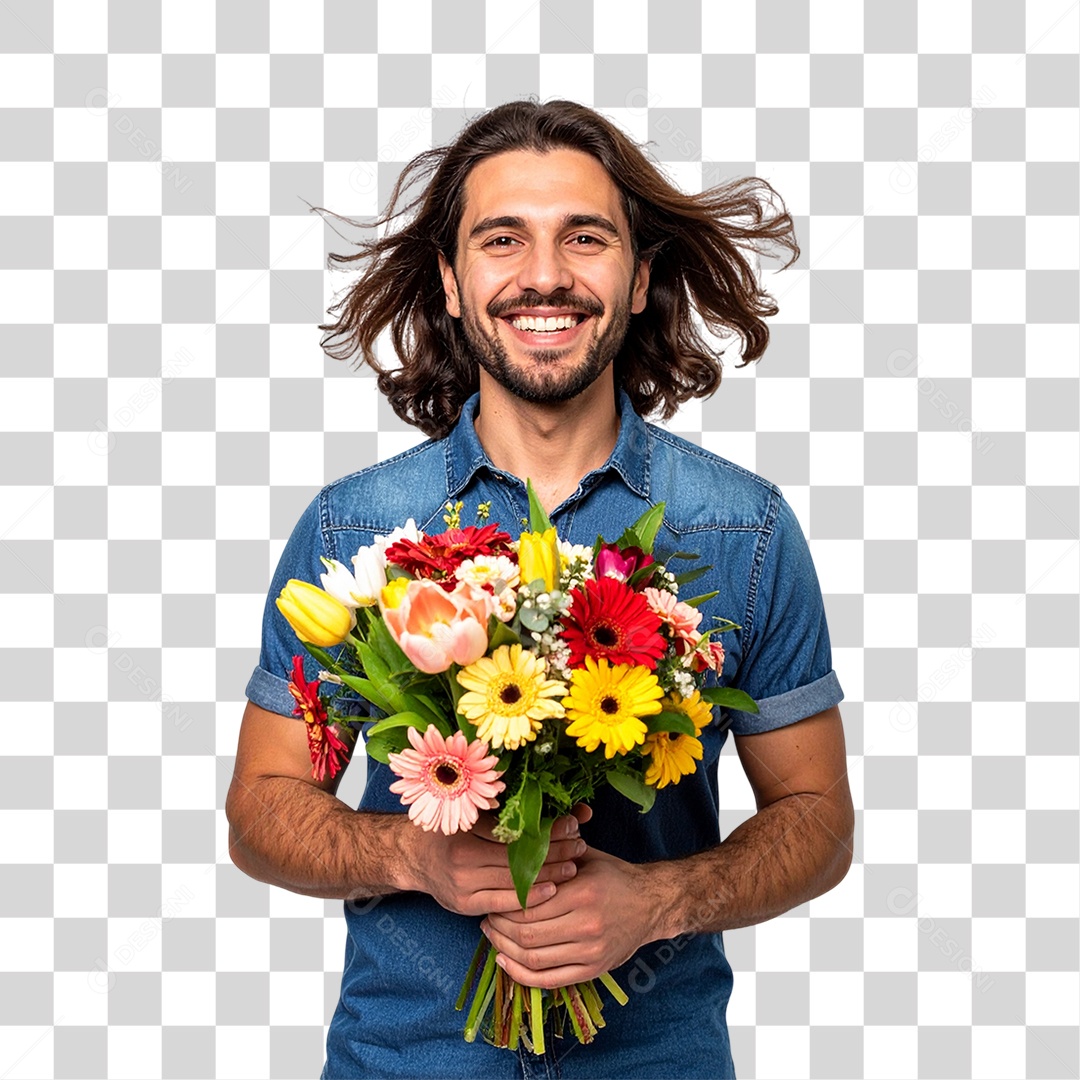 Homem com Buquê de Flores PNG Transparente