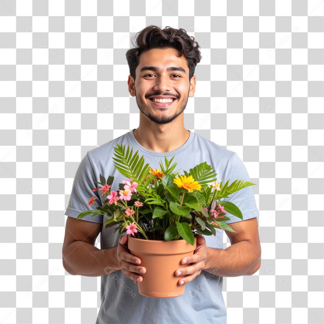 Homem com Vaso de Plantas PNG Transparente