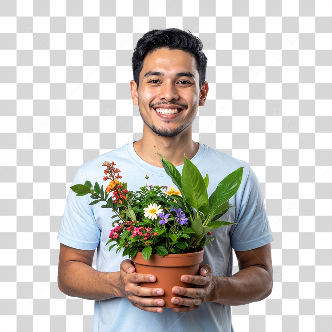 Homem com Vaso de Plantas PNG Transparente