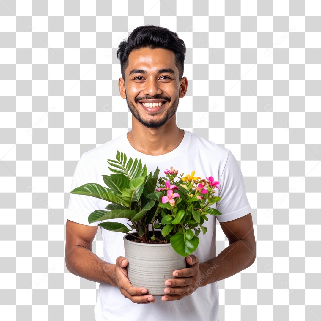 Homem com Vaso de Plantas PNG Transparente