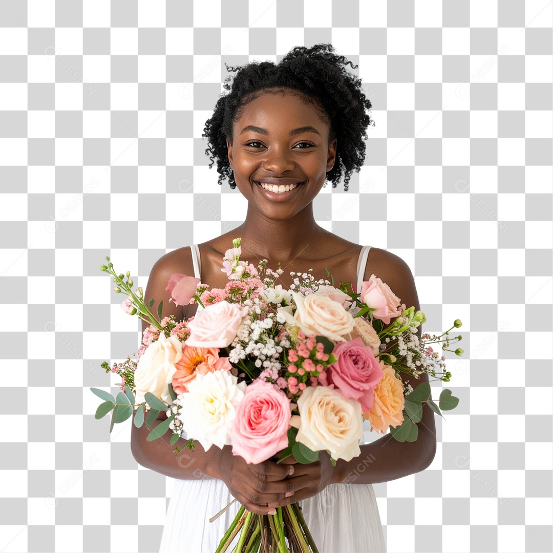 Mulher com Buquê de Flores PNG Transparente