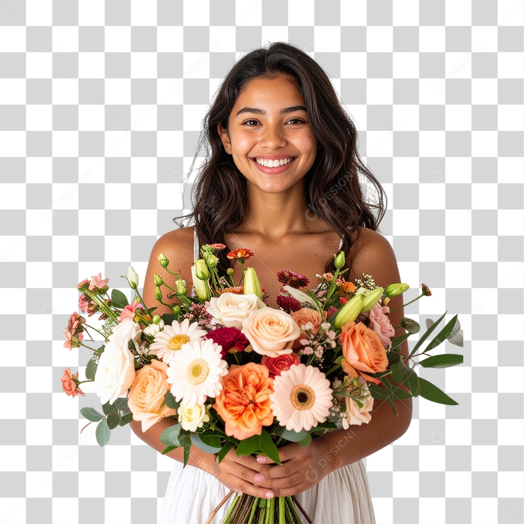 Mulher com Buquê de Flores PNG Transparente