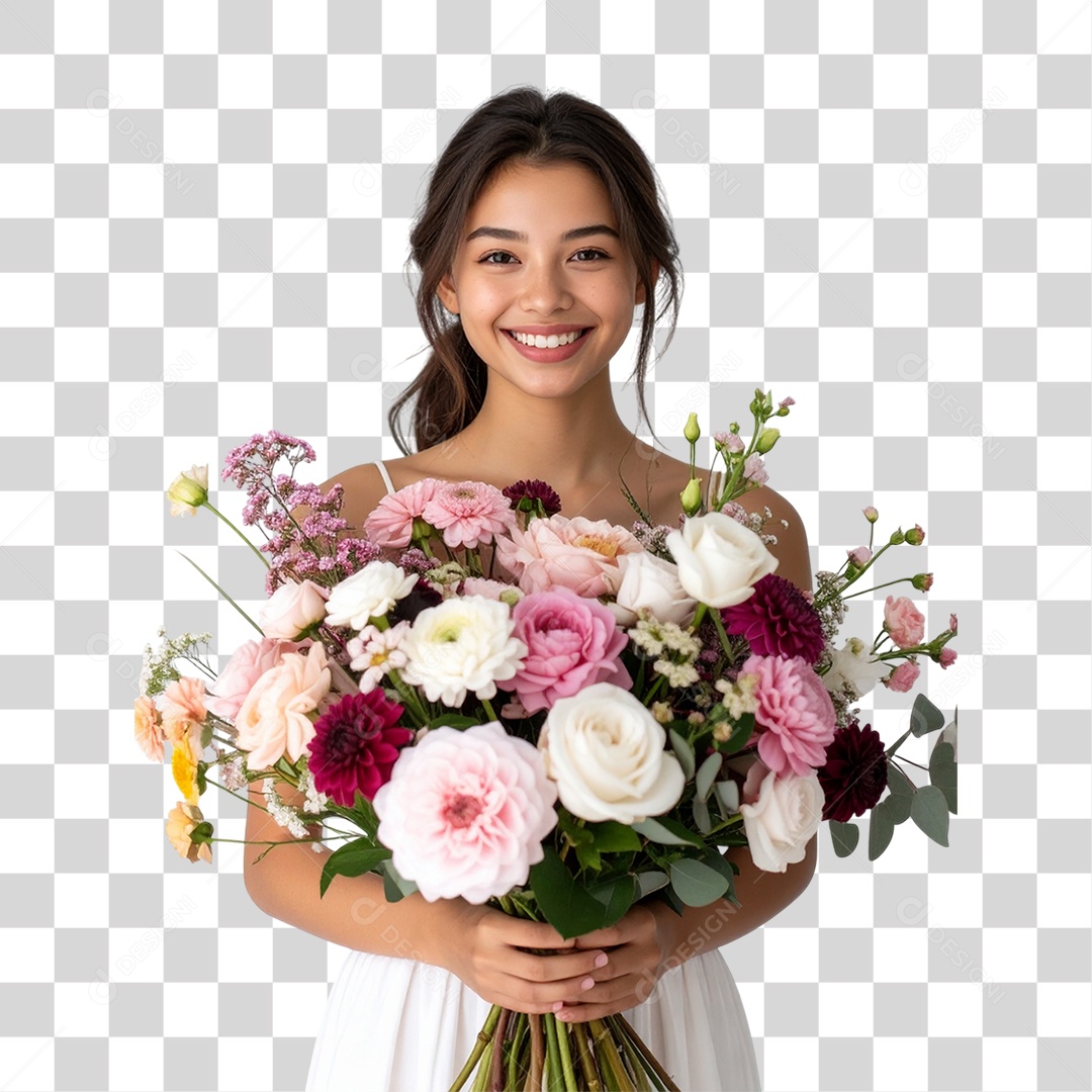 Mulher com Buquê de Flores PNG Transparente