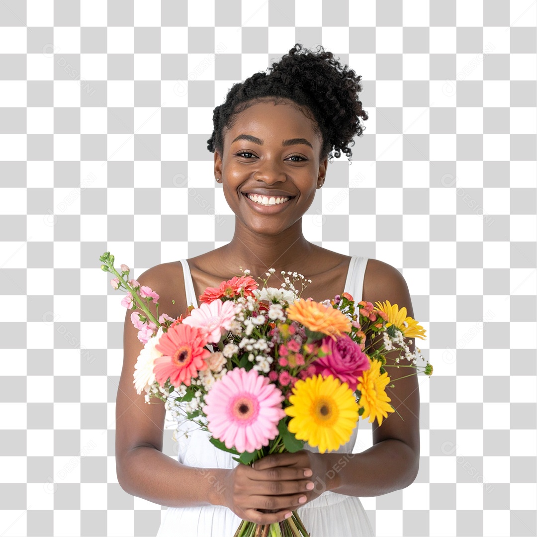 Mulher com Buquê de Flores PNG Transparente