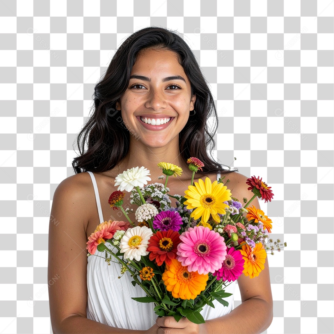 Mulher com Buquê de Flores PNG Transparente