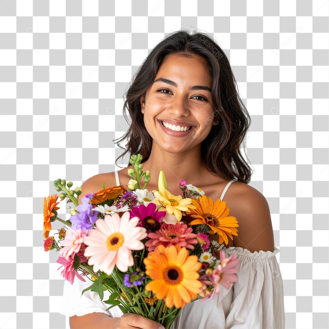Mulher com Buquê de Flores PNG Transparente