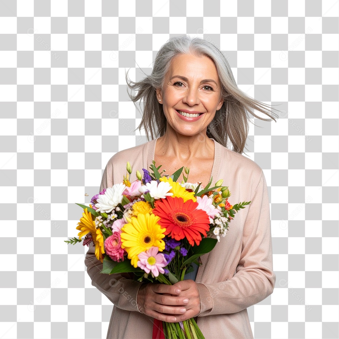Mulher com Buquê de Flores PNG Transparente