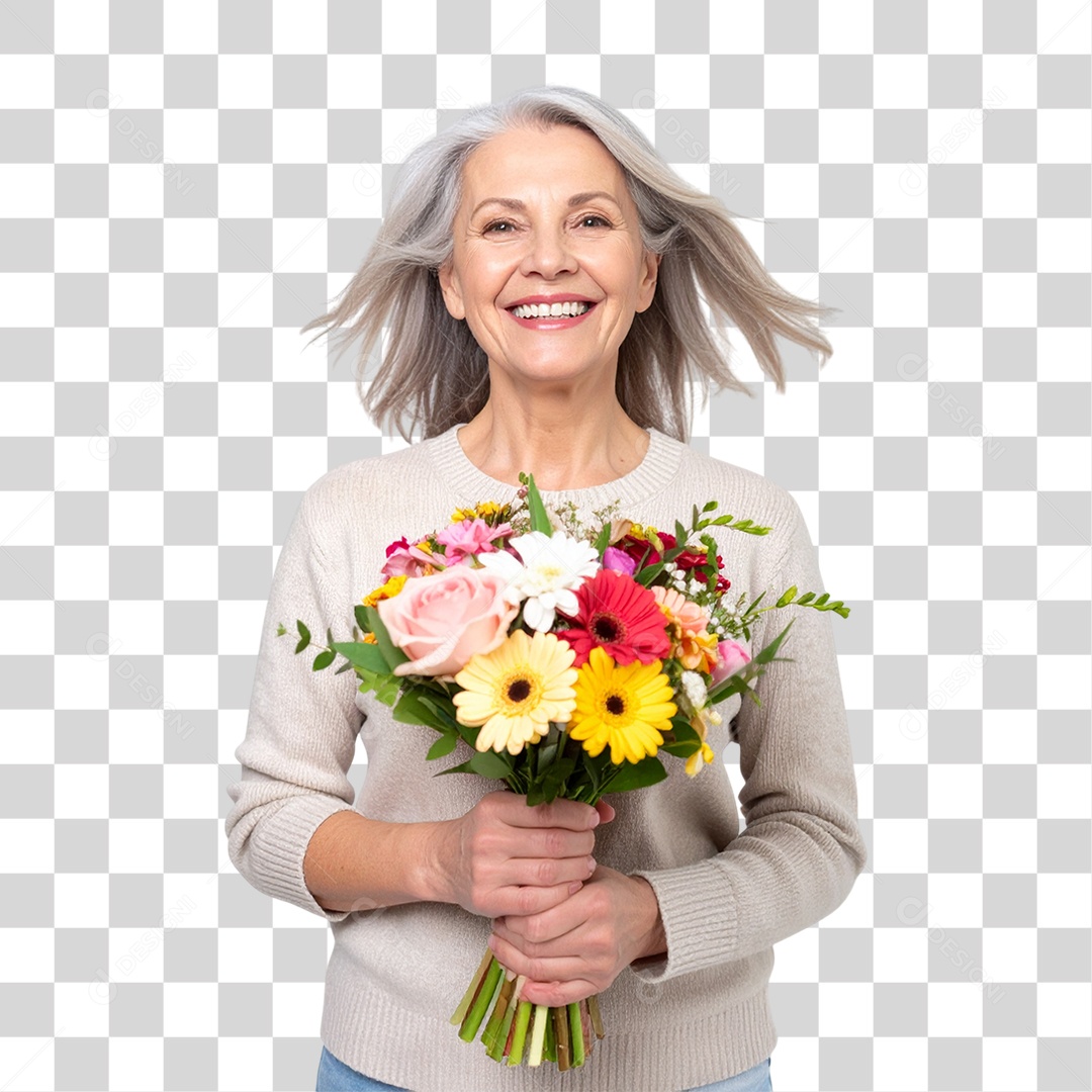 Mulher com Buquê de Flores PNG Transparente