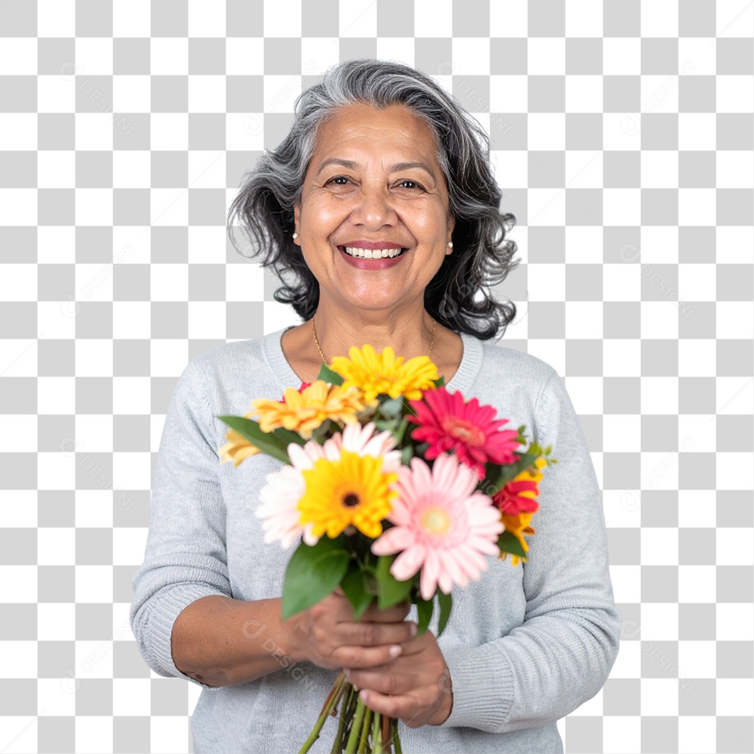 Mulher com Buquê de Flores PNG Transparente