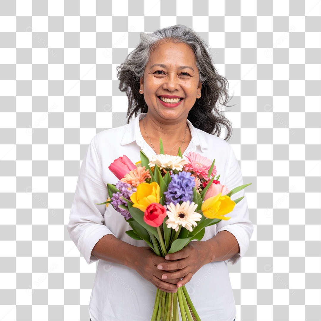 Mulher com Buquê de Flores PNG Transparente