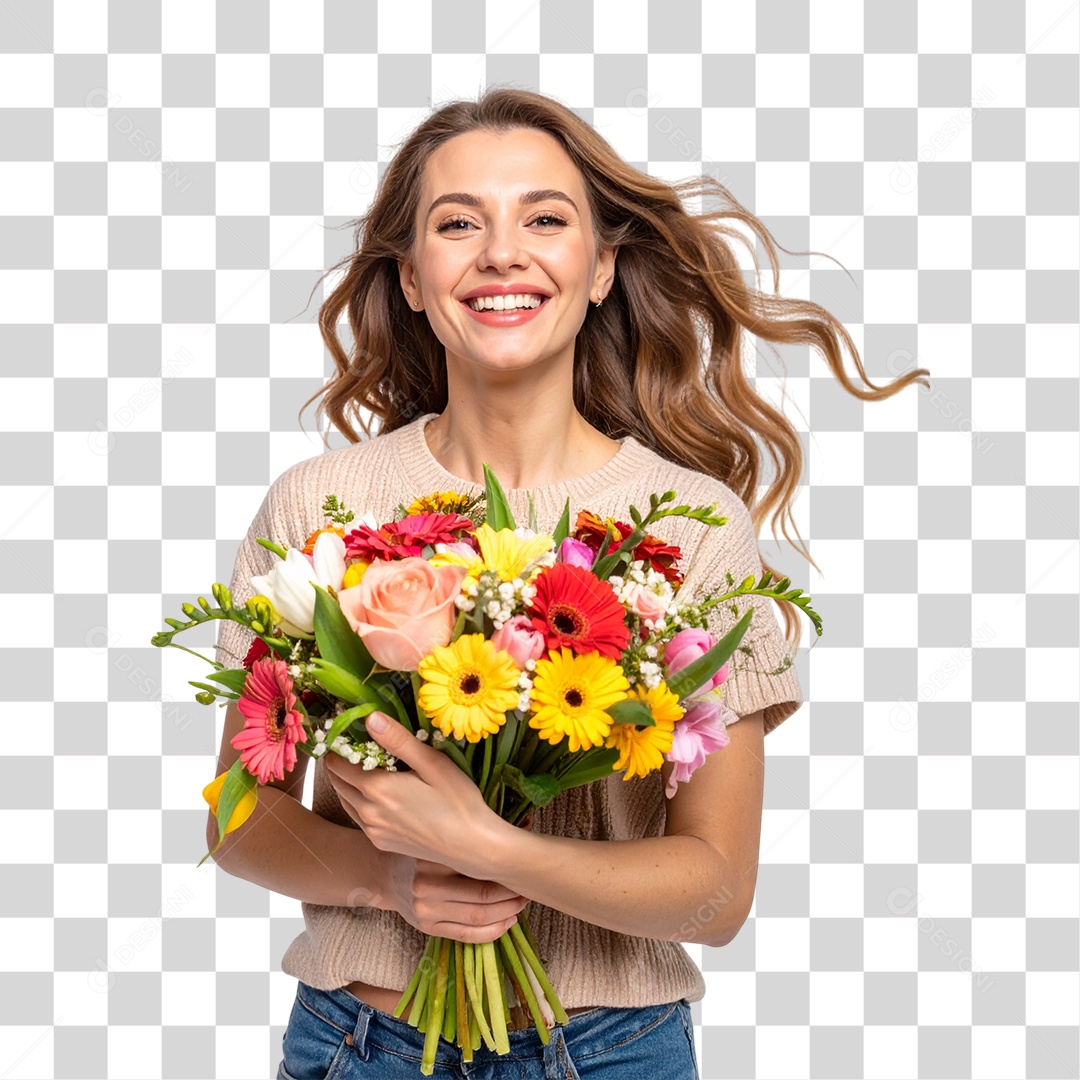 Mulher com Buquê de Flores PNG Transparente