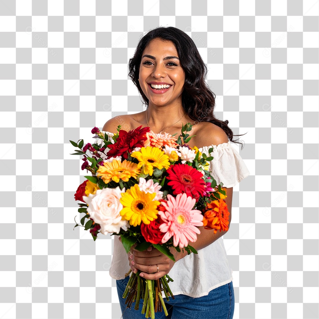 Mulher com Buquê de Flores PNG Transparente