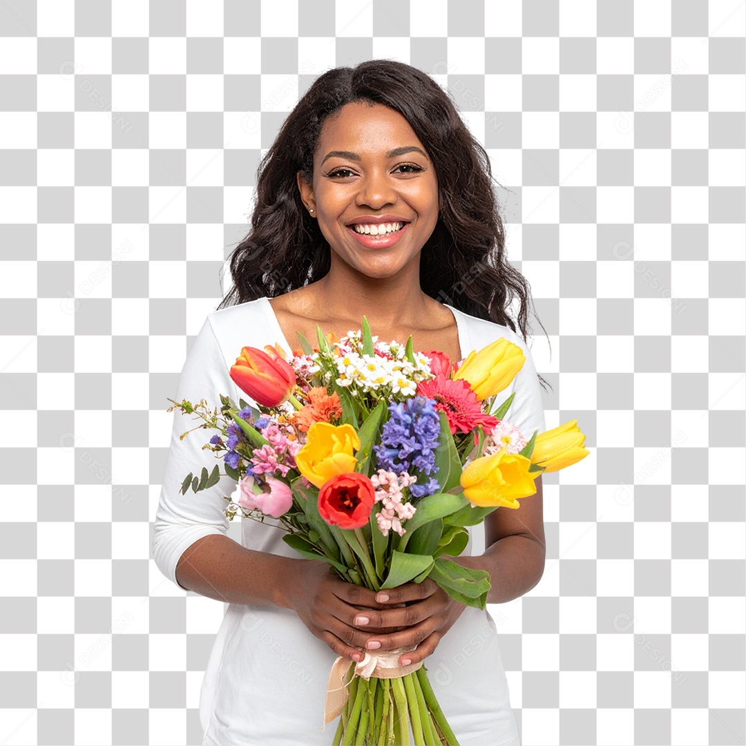 Mulher com Buquê de Flores PNG Transparente