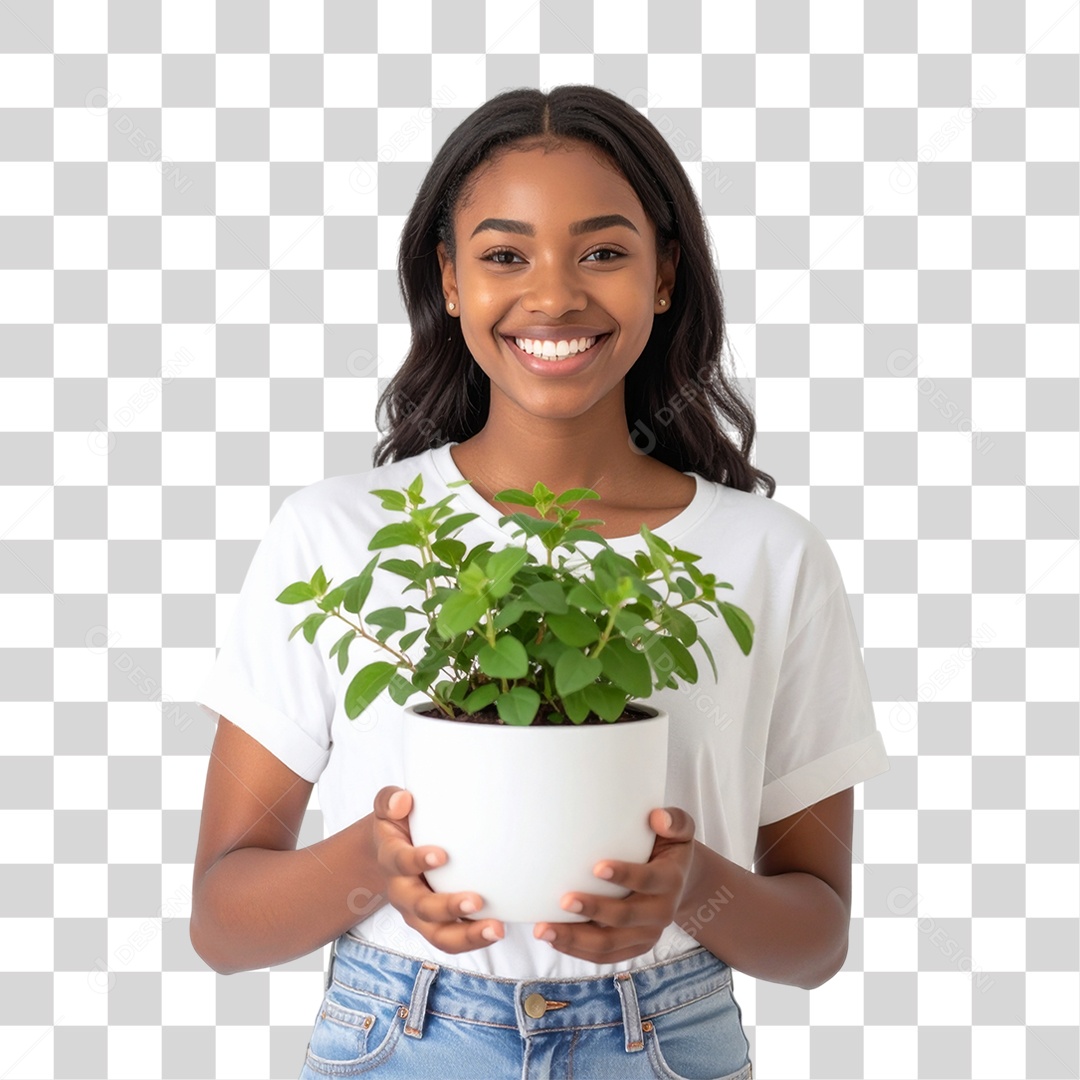 Mulher com Vaso de Plantas PNG Transparente
