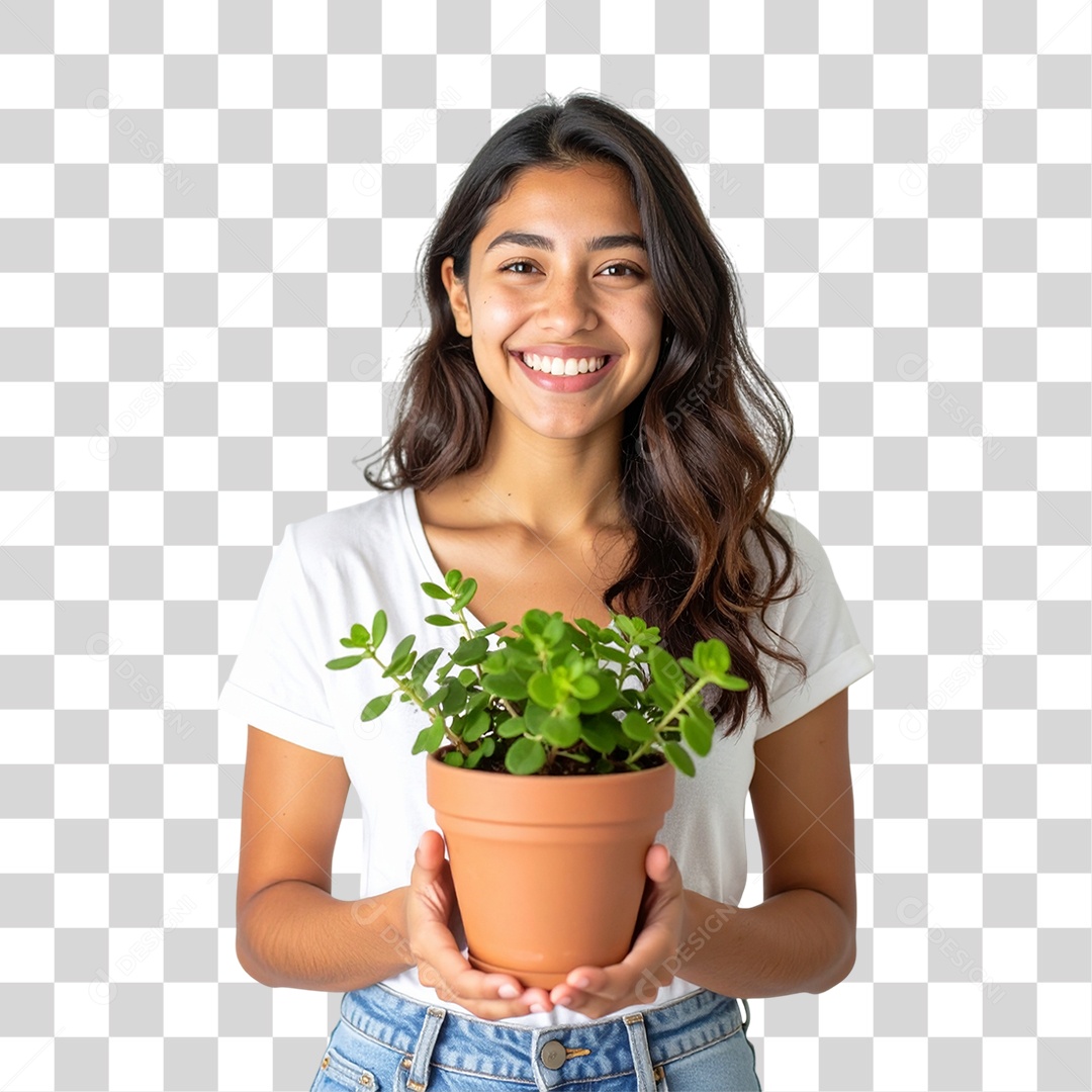 Mulher com Vaso de Plantas PNG Transparente