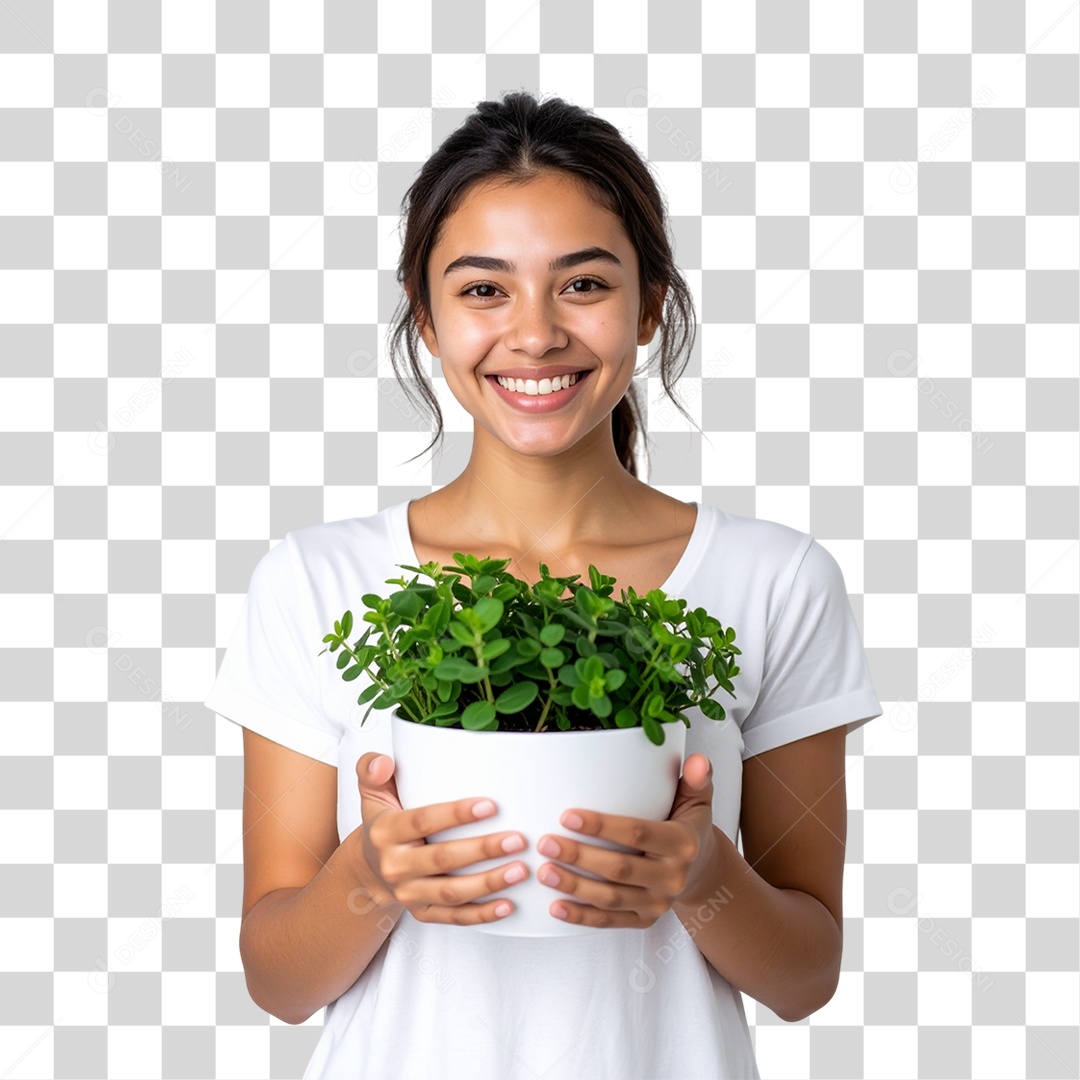 Mulher com Vaso de Plantas PNG Transparente