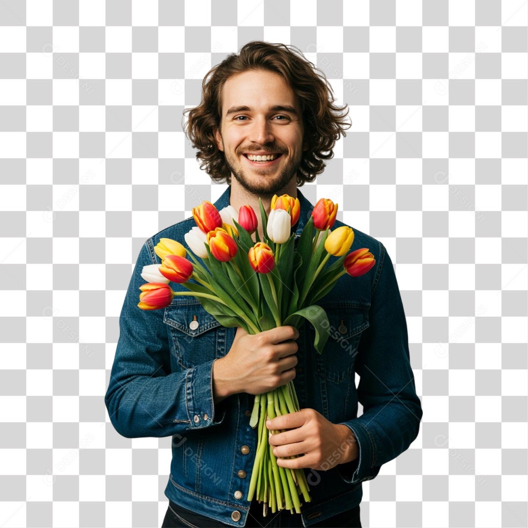 Homem com Buquê de Flores PNG Transparente