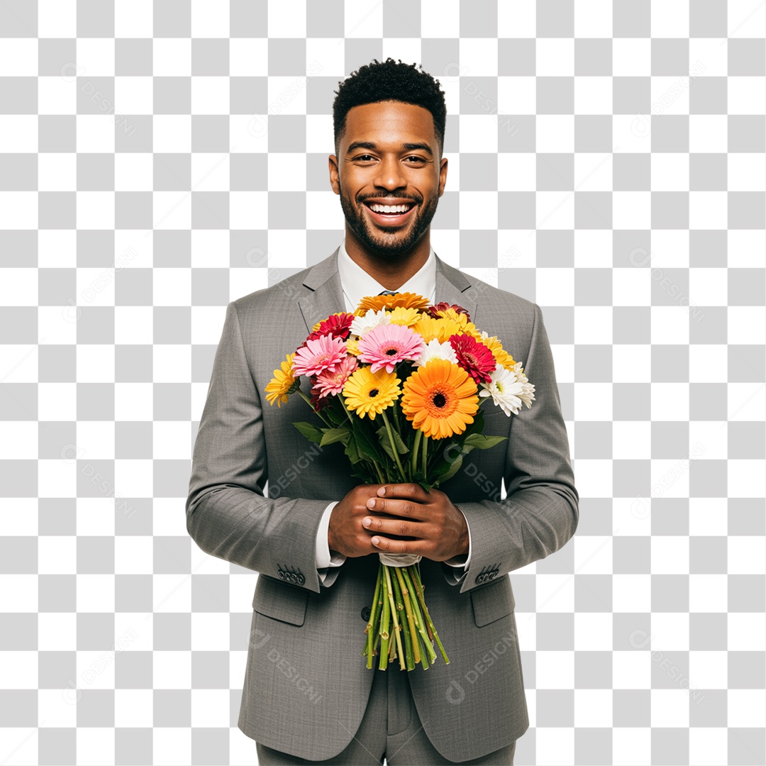 Homem com Buquê de Flores PNG Transparente