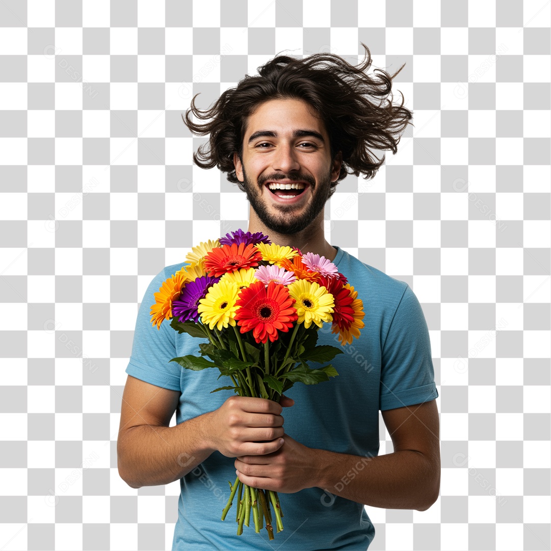 Homem com Buquê de Flores PNG Transparente