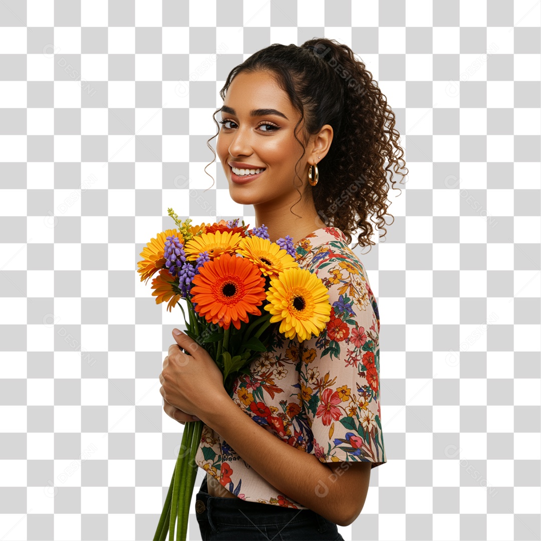 Mulher com Buquê de Flores PNG Transparente