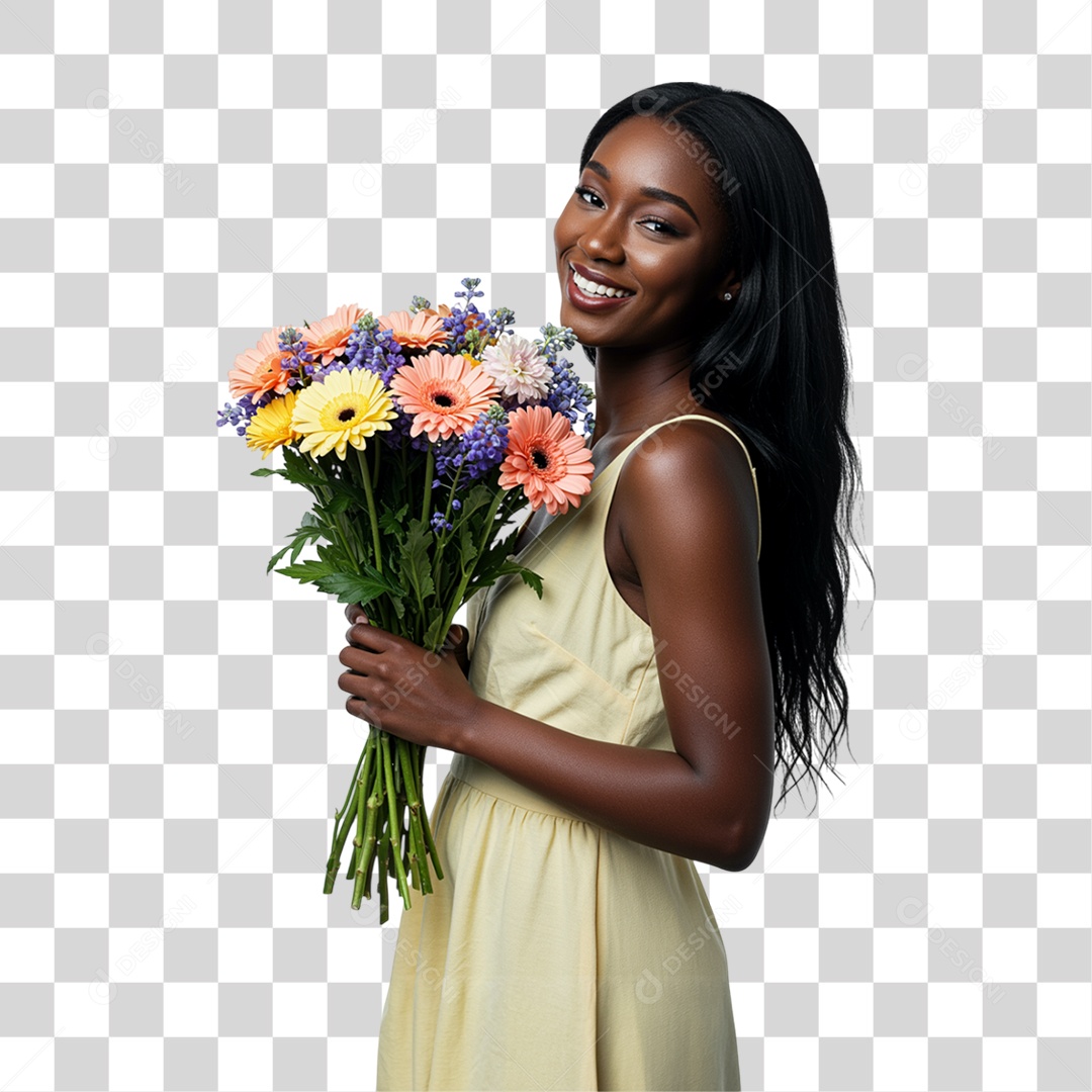 Mulher com Buquê de Flores PNG Transparente