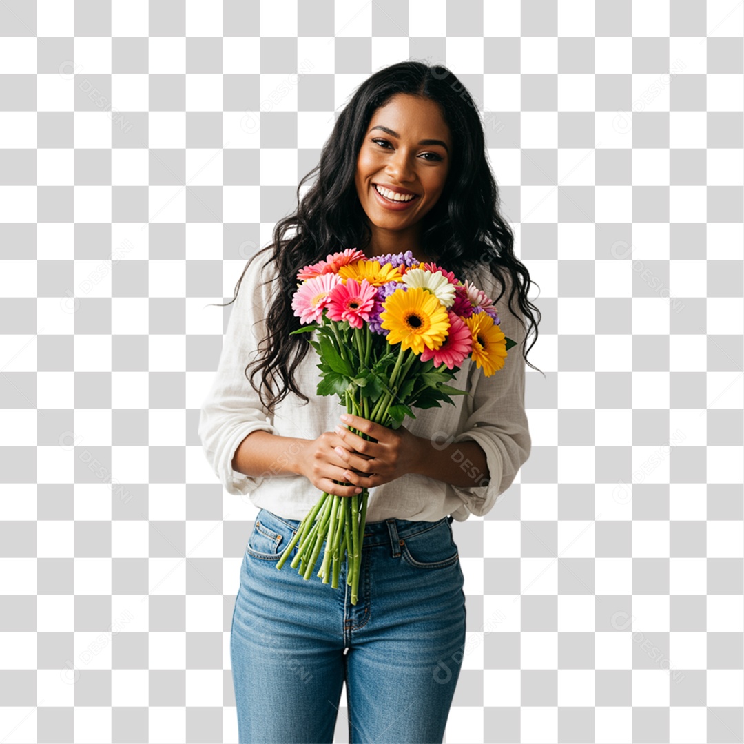 Mulher com Buquê de Flores PNG Transparente