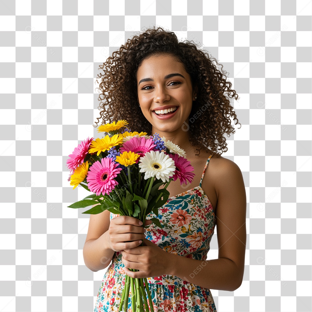 Mulher com Buquê de Flores PNG Transparente