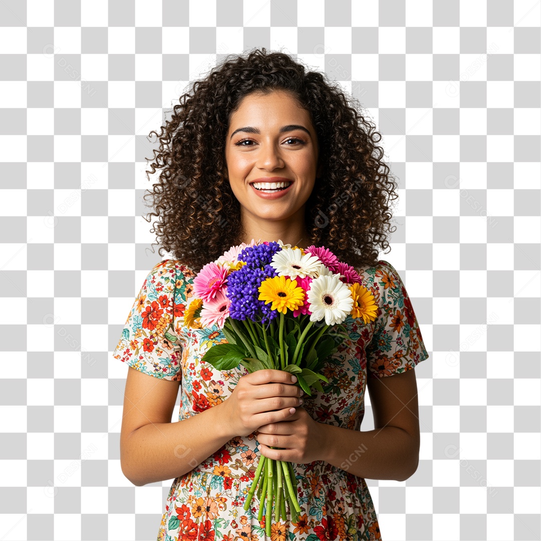 Mulher com Buquê de Flores PNG Transparente