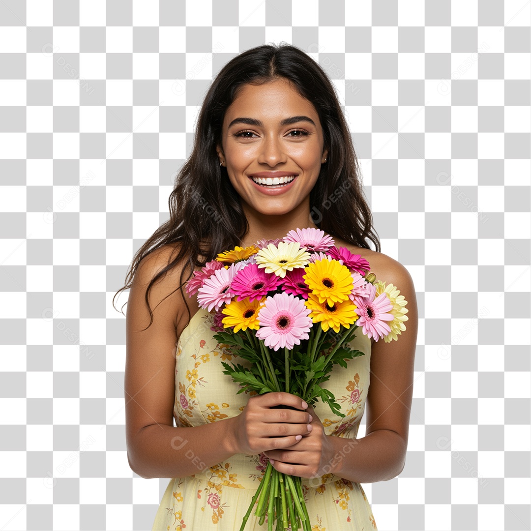 Mulher com Buquê de Flores PNG Transparente