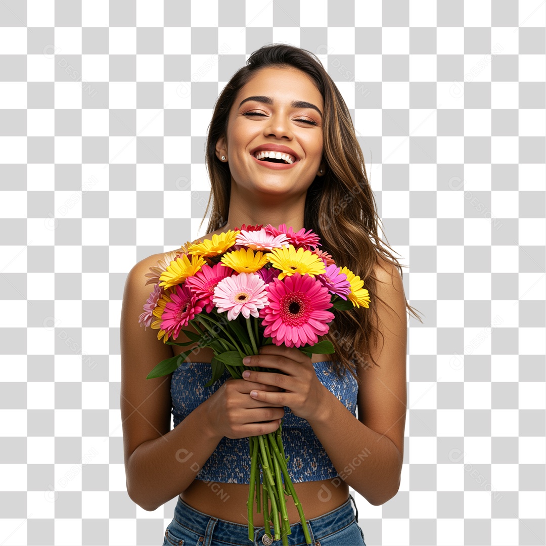Mulher com Buquê de Flores PNG Transparente