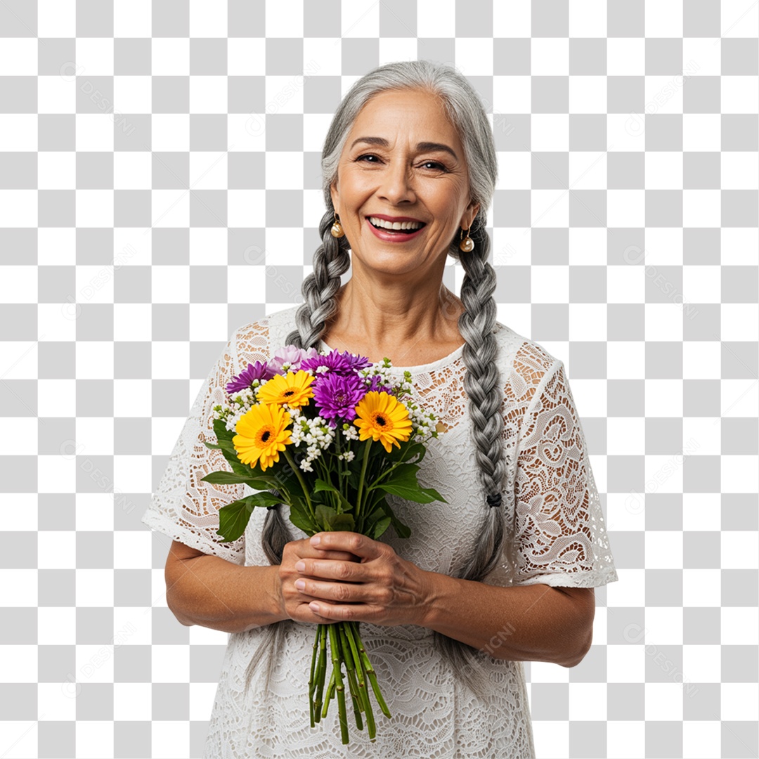Mulher com Buquê de Flores PNG Transparente