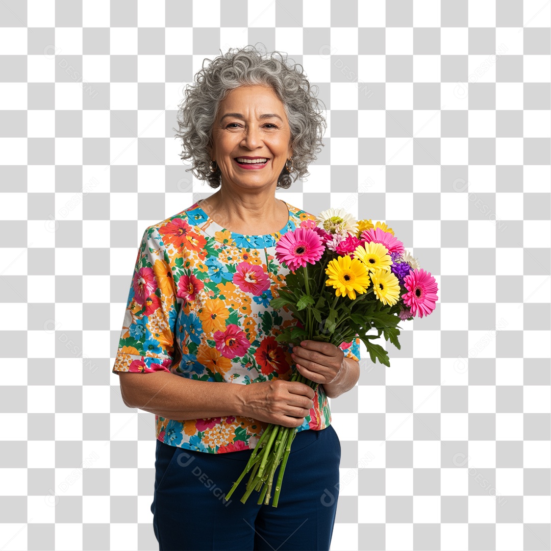 Mulher com Buquê de Flores PNG Transparente