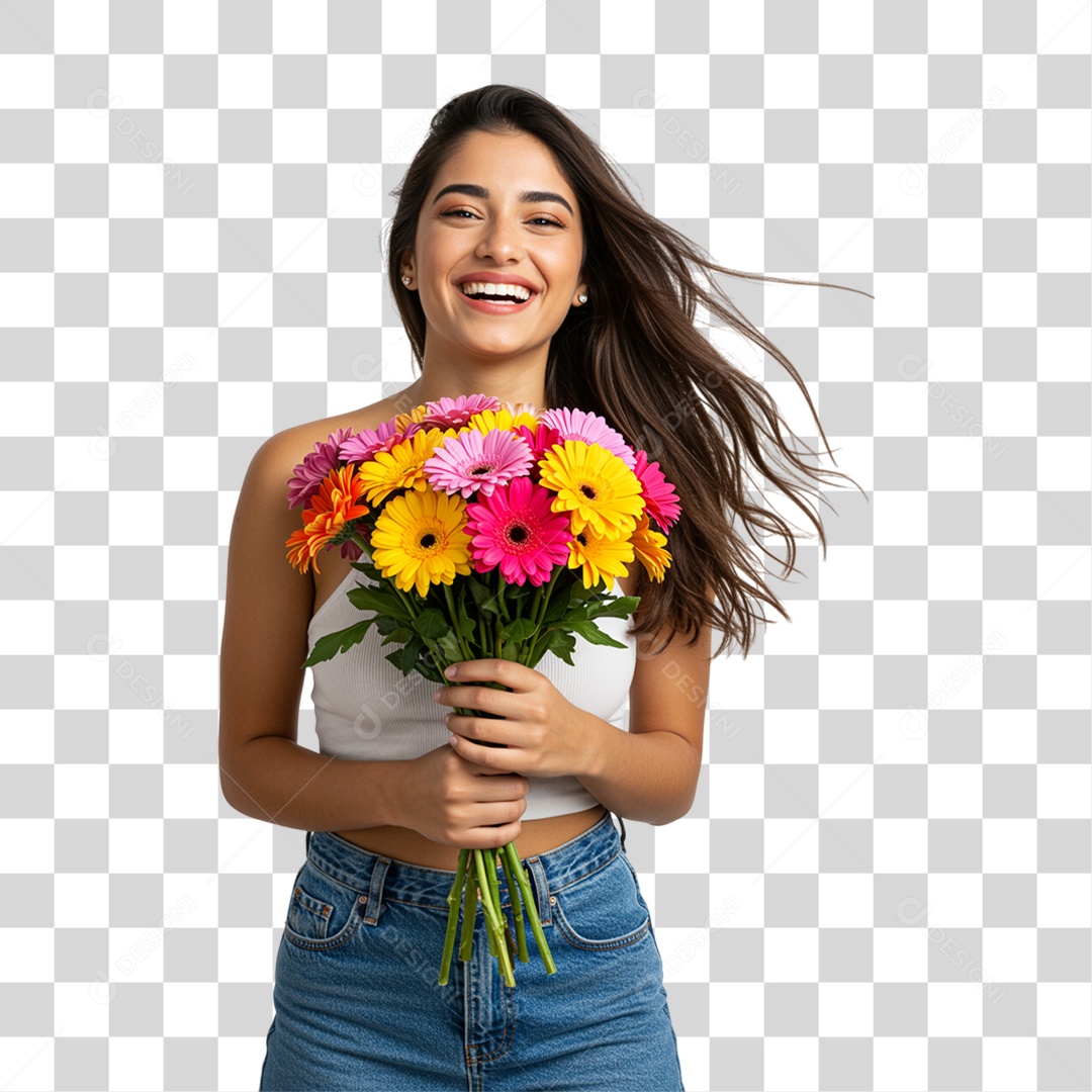 Mulher com Buquê de Flores PNG Transparente