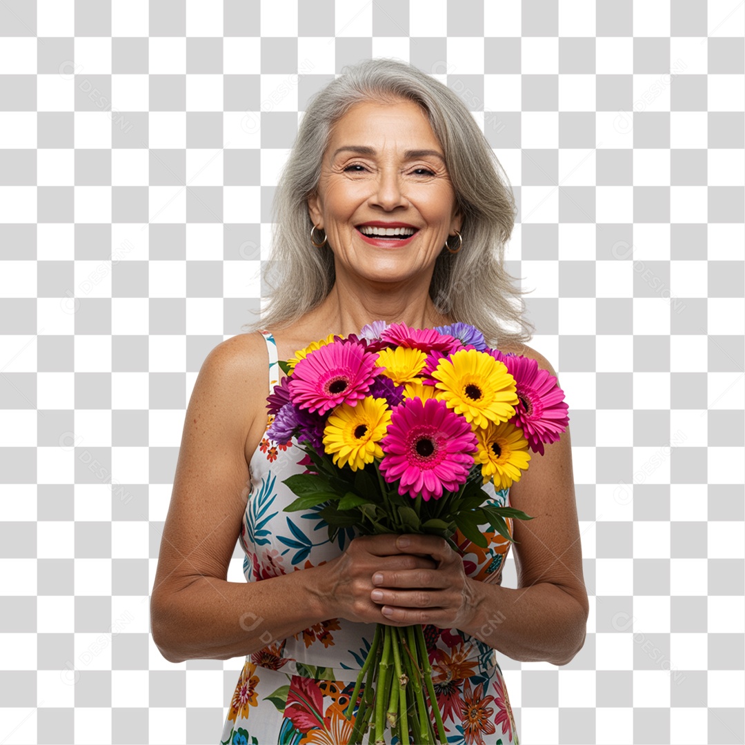 Mulher com Buquê de Flores PNG Transparente