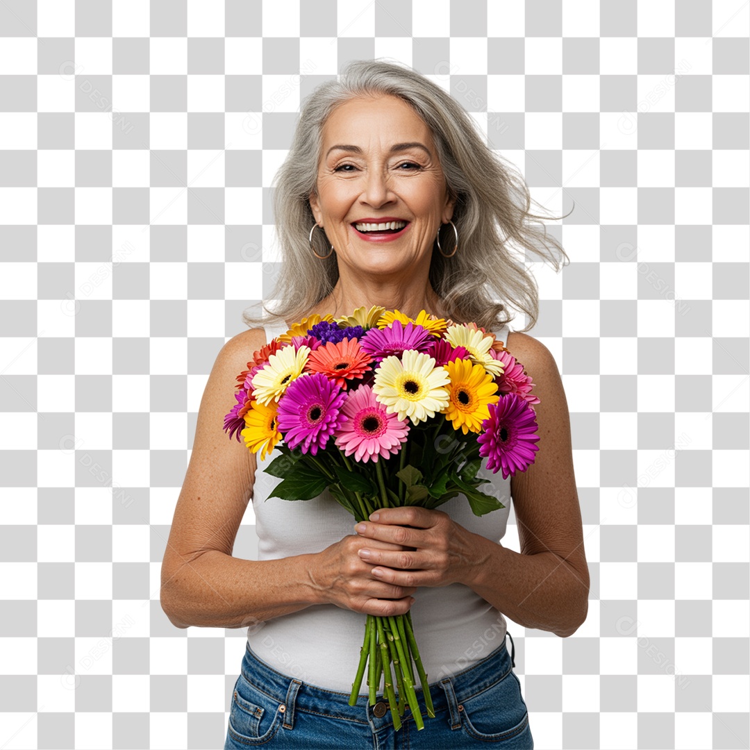 Mulher com Buquê de Flores PNG Transparente