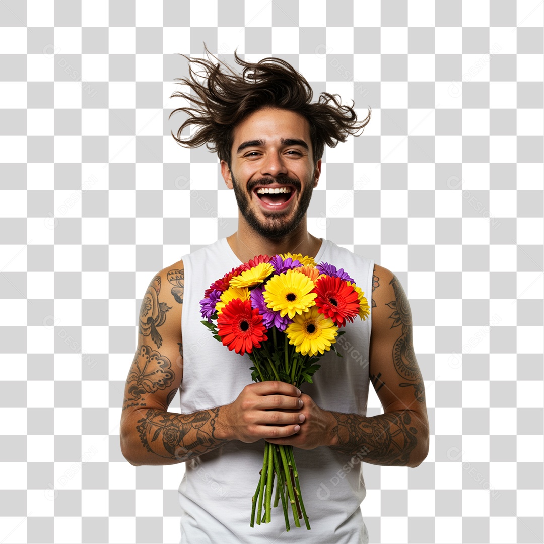 Homem com Buquê de Flores PNG Transparente