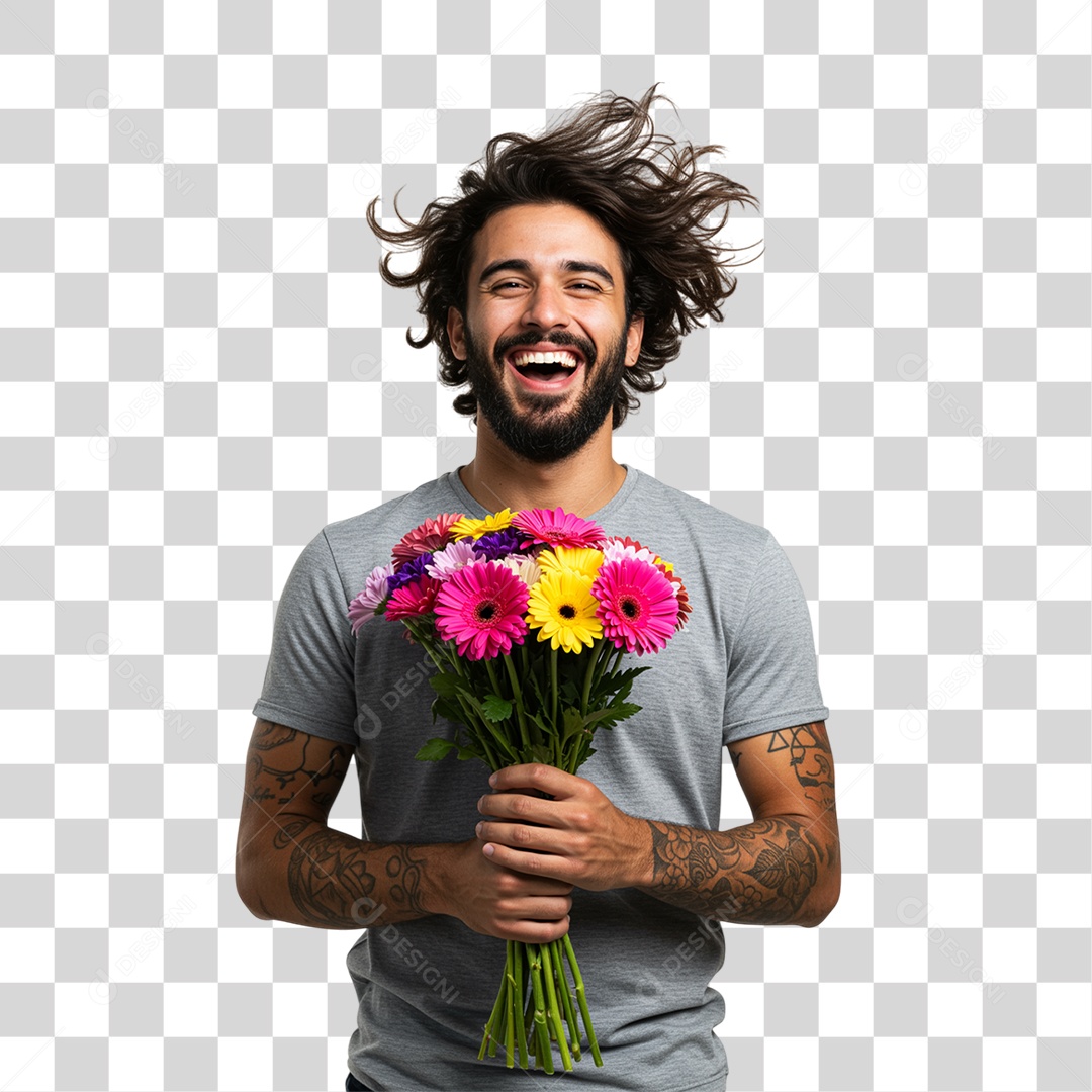 Homem com Buquê de Flores PNG Transparente