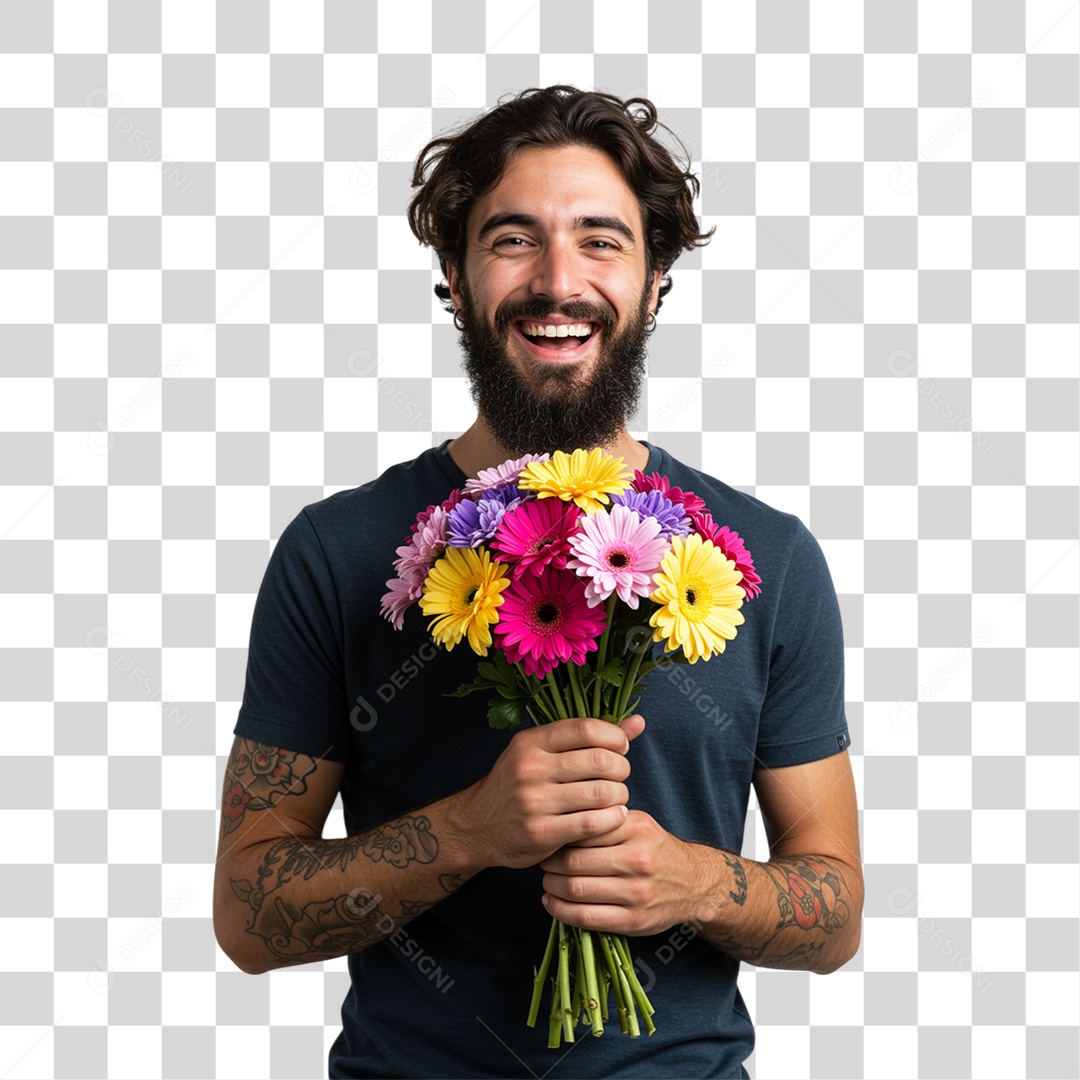 Homem com Buquê de Flores PNG Transparente