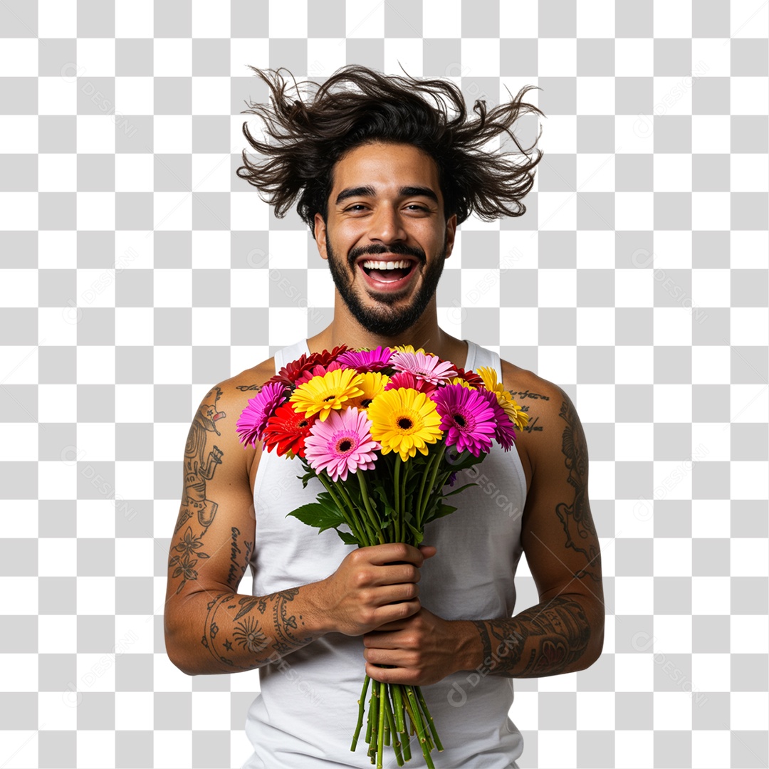 Homem com Buquê de Flores PNG Transparente