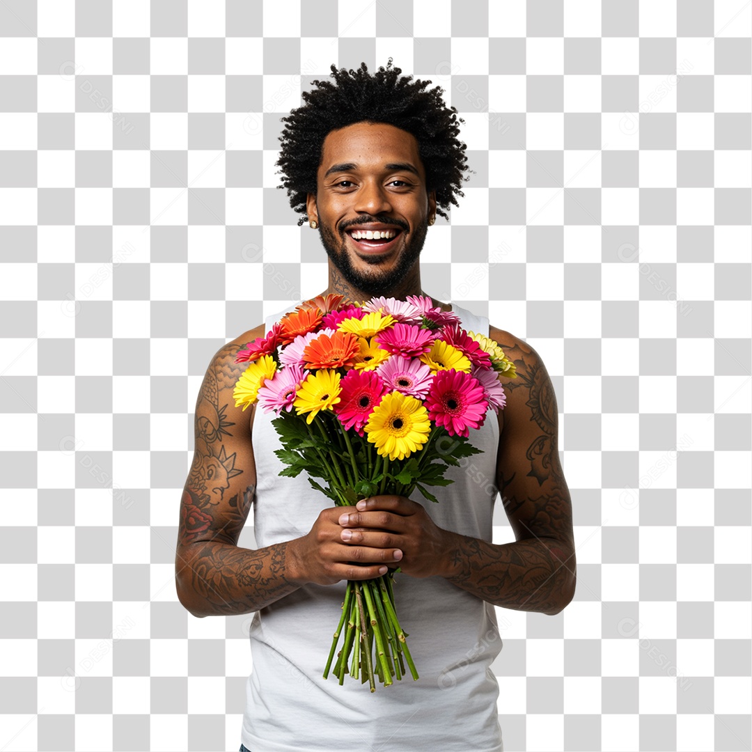 Homem com Buquê de Flores PNG Transparente